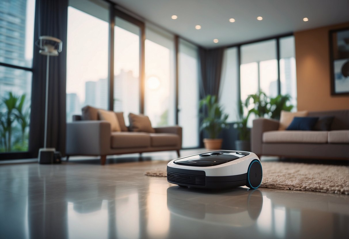 A robot cleaner navigates a modern Singaporean living room, efficiently vacuuming and mopping the floor