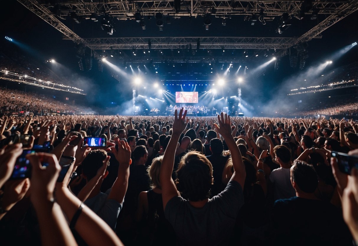 A crowded concert venue with a large stage and bright lights, fans holding up signs and singing along to Taylor Swift's music