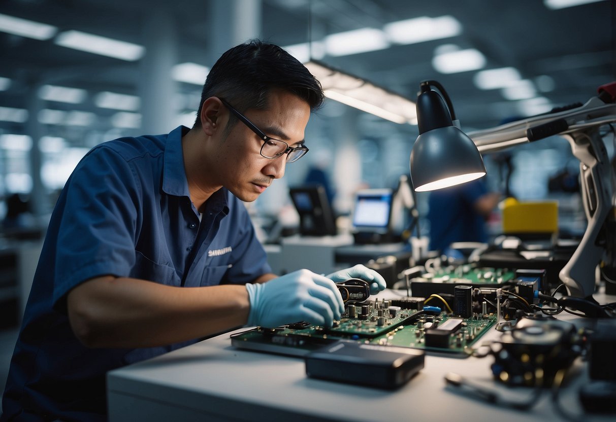 A technician at a Samsung repair center in Singapore is carefully working on a damaged device, surrounded by various tools and equipment