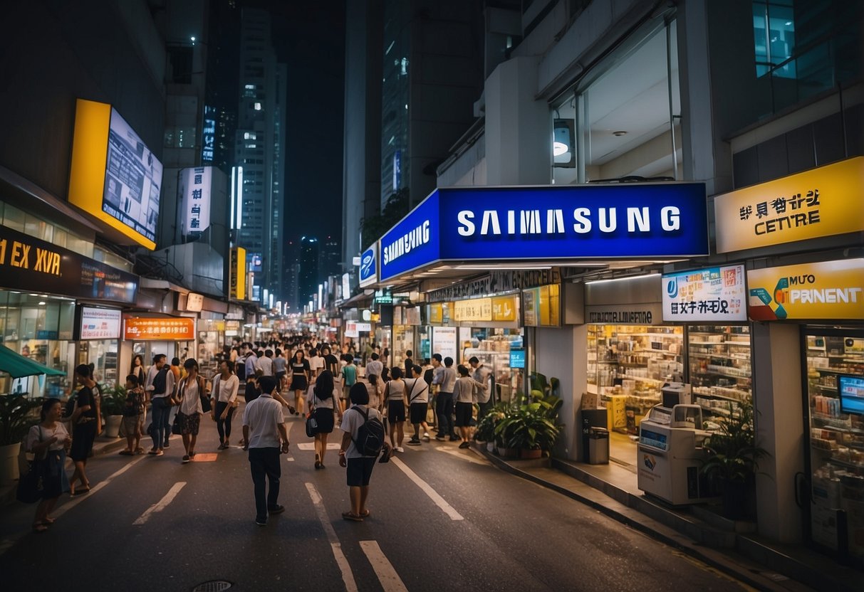 A bustling street in Singapore, with a prominent sign for Samsung Repair Centre. Bright lights and a steady flow of customers