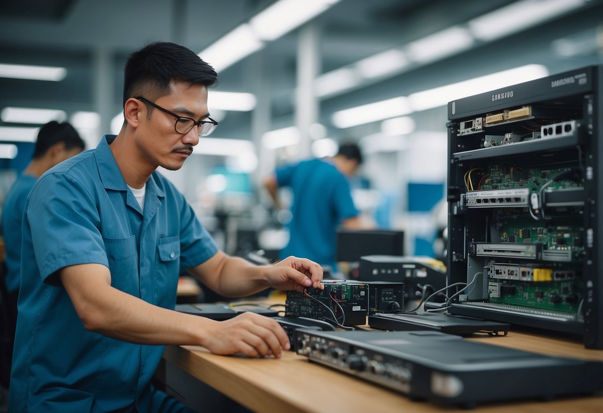 A technician repairing a Samsung device at a repair center in Singapore