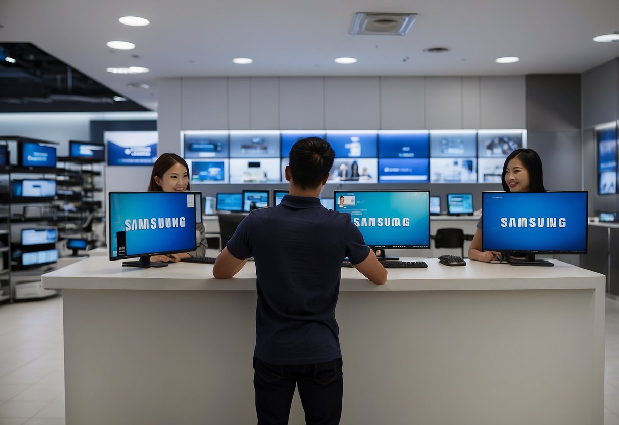 A customer service representative assists a client at the Samsung repair center in Singapore, surrounded by shelves of electronic devices and a sign displaying frequently asked questions