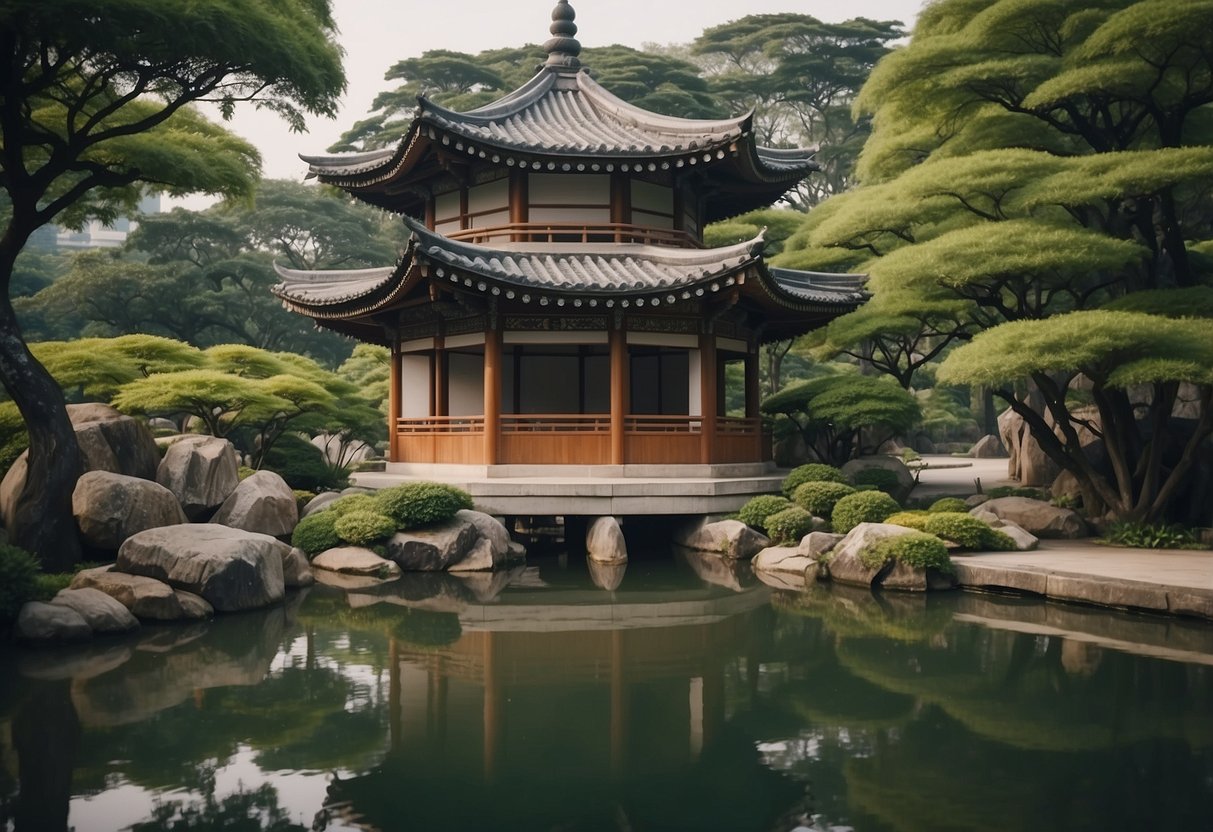 Lush greenery surrounds a traditional Korean pavilion with a serene pond at Seoul Garden, Singapore