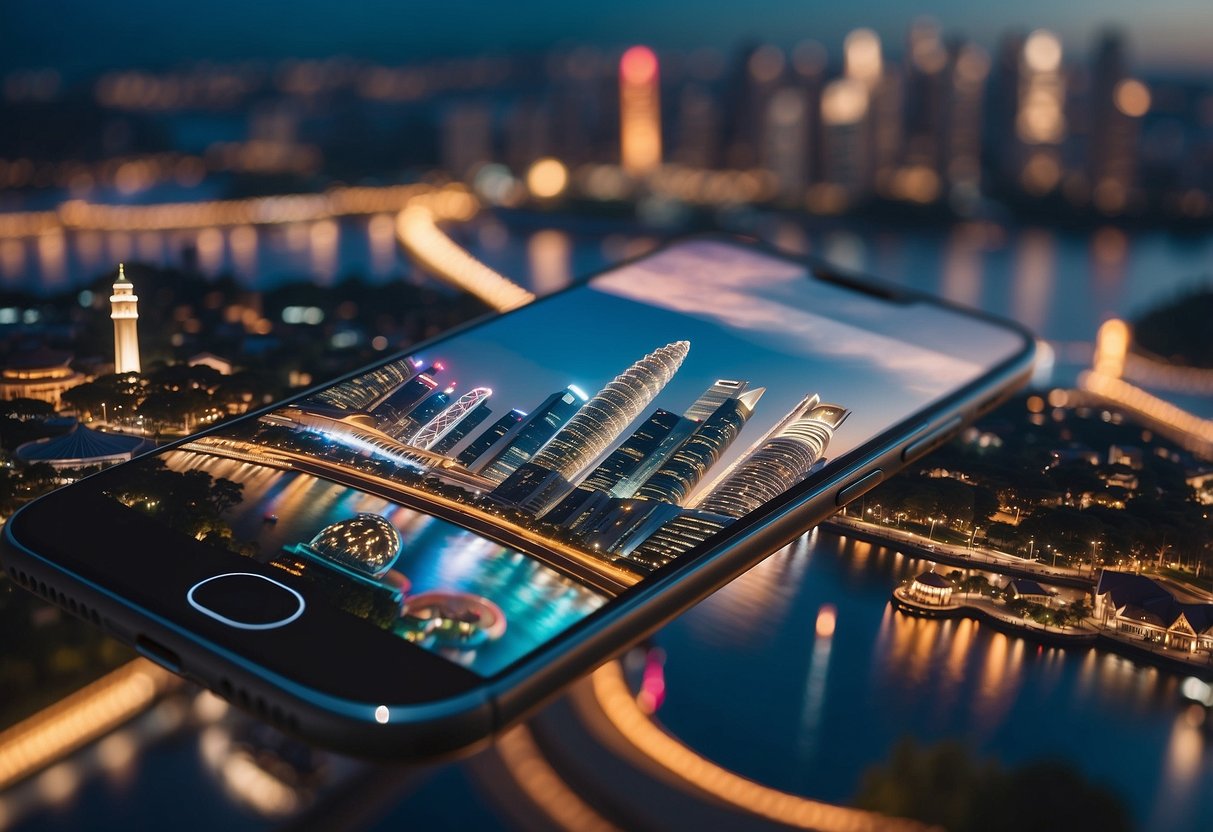 A smartphone with a SIM card surrounded by iconic Singapore landmarks and symbols