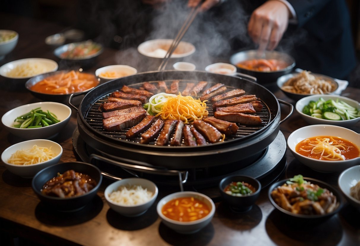 A table set with sizzling Korean BBQ, surrounded by colorful side dishes, chopsticks, and a steaming hot pot of kimchi stew at Seoul Garden