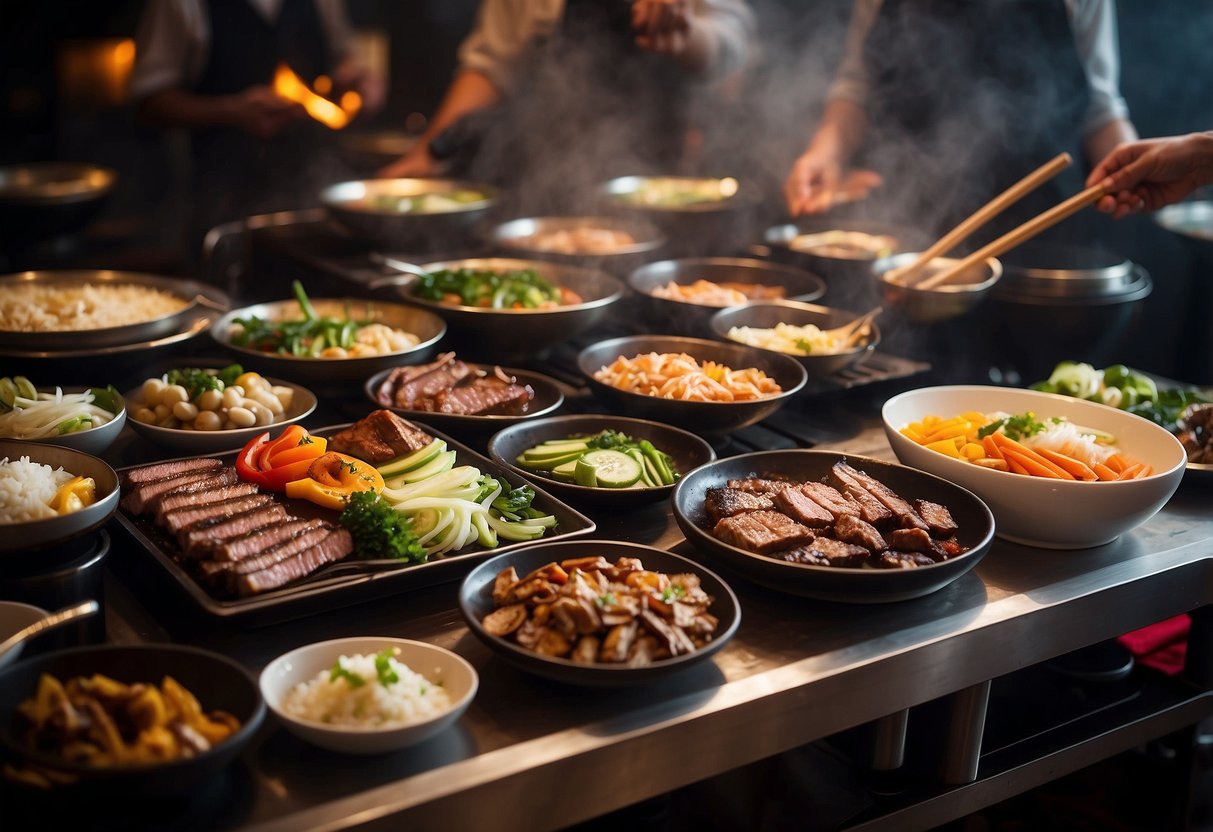 Tables set with Korean BBQ grills, colorful plates, and chopsticks. Steam rising from sizzling meats and vegetables. Waiters bustling in traditional attire