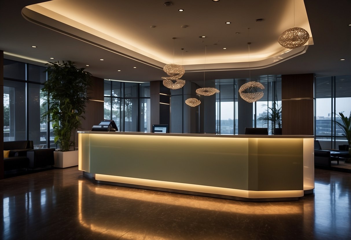 A registration desk with a glowing sign welcomes guests. A sleek, modern lobby exudes sophistication and comfort. Patrons eagerly explore the stylish surroundings