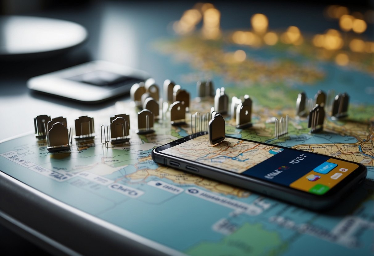 A table with various SIM cards, a smartphone displaying different plan options, and a map of Singapore in the background