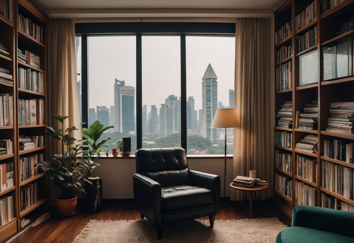 Ix Shen's personal life in Singapore: cozy apartment with city view, shelves of books and film scripts, cozy armchair, and a collection of vintage vinyl records