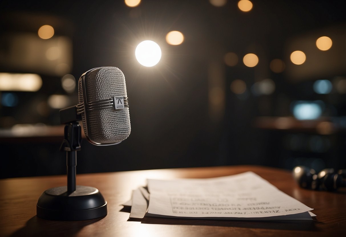 A spotlight shines on a microphone stand next to a stack of papers labeled "Frequently Asked Questions." A Singaporean actor, Ix Shen, stands confidently in front of the setup