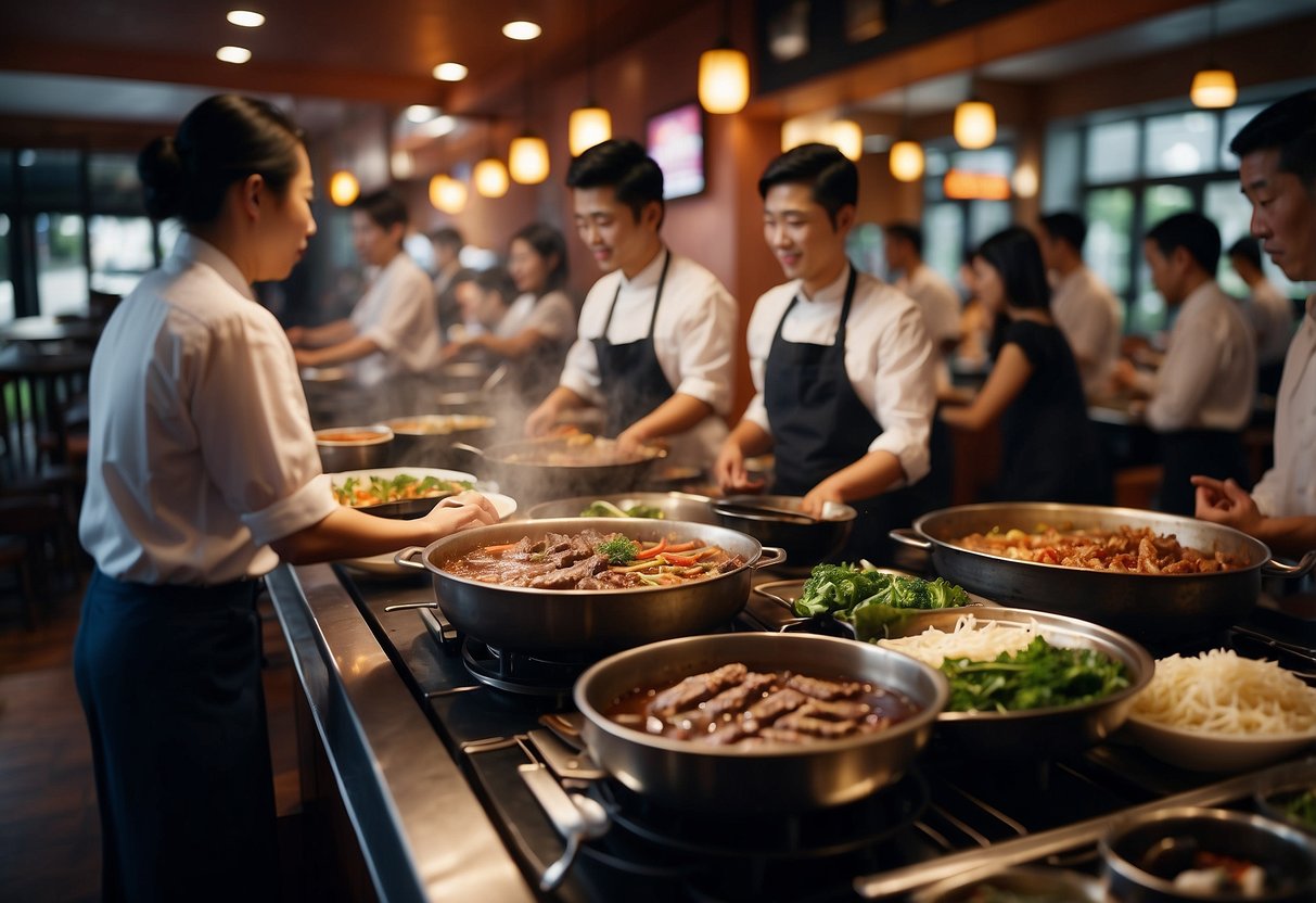 A bustling restaurant with tables filled with diners enjoying Korean BBQ and hotpot dishes, while waitstaff circulate to attend to customers' needs