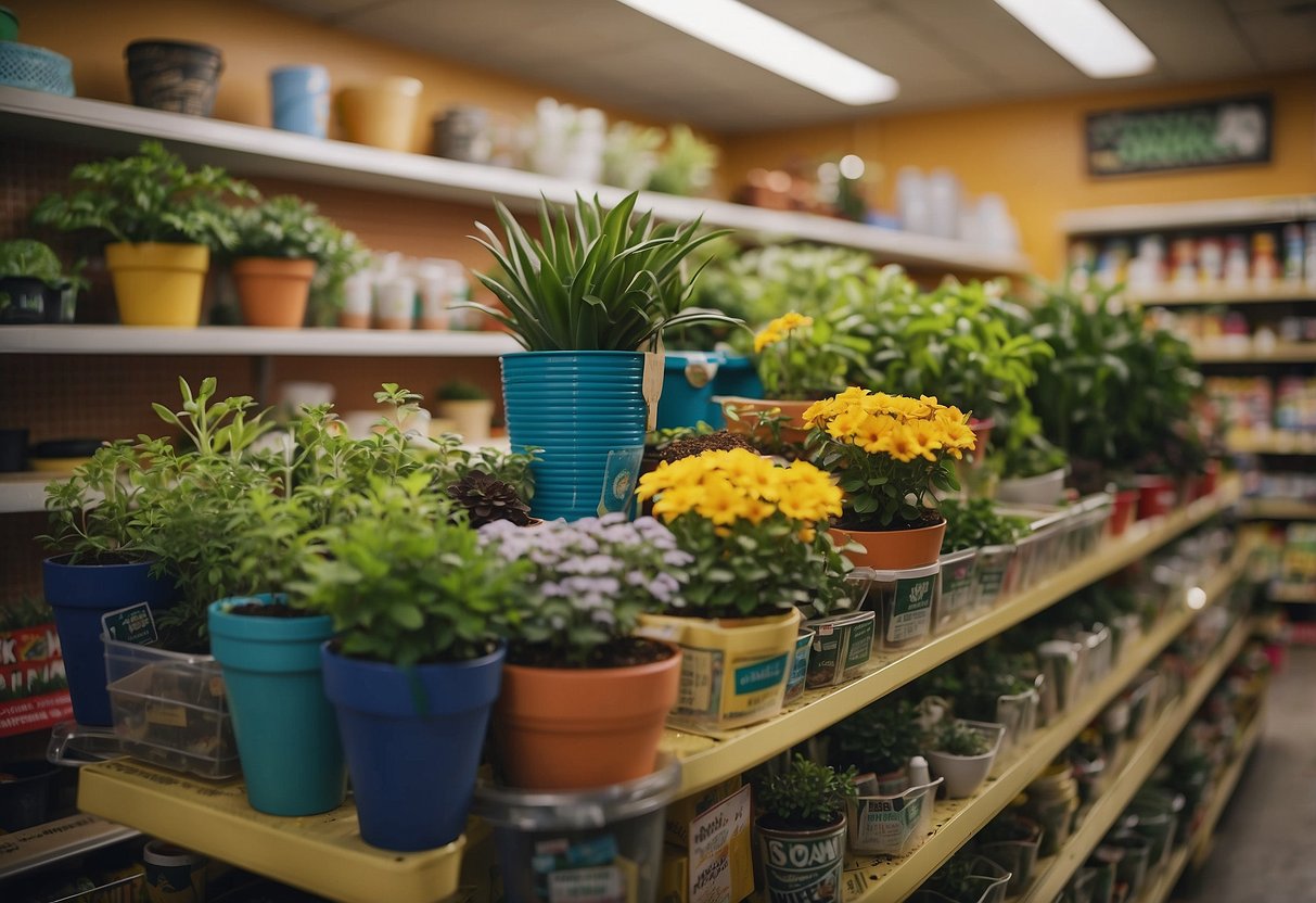 A colorful array of potted plants, gardening tools, and decorative ornaments fill the shelves of a dollar store. A sign above reads "20 DOLLAR STORE GARDEN ideas."