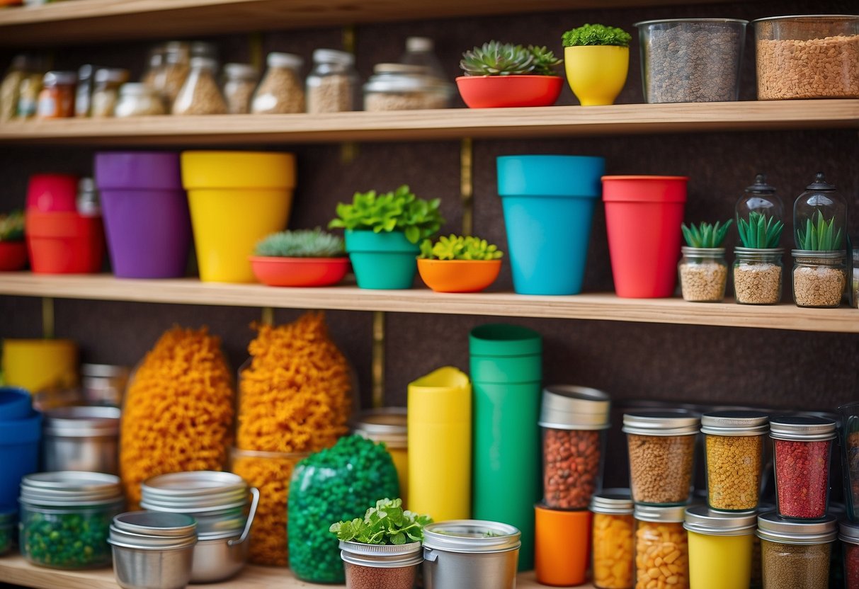 A colorful array of gardening supplies, from pots and planters to seeds and tools, are neatly arranged on a shelf in a dollar store. Bright packaging and vibrant colors catch the eye, inviting customers to start their own budget-friendly garden