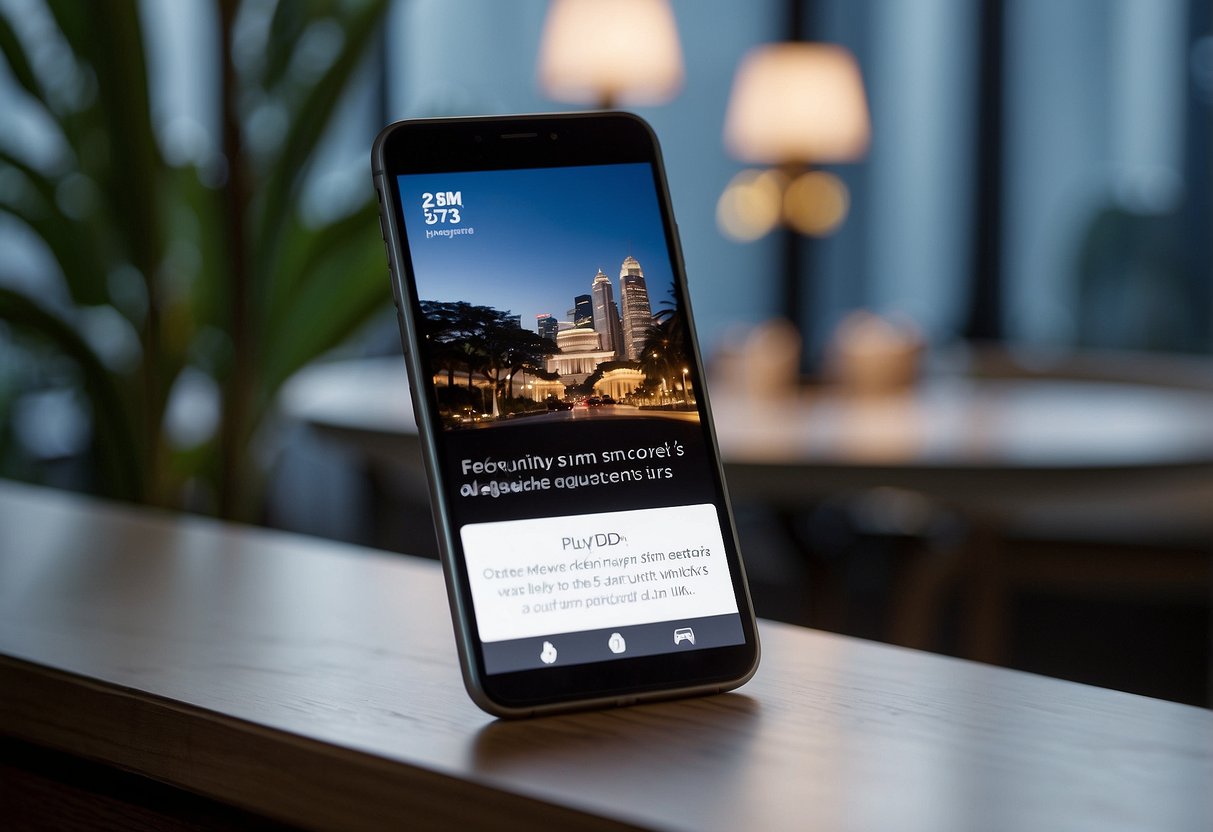 A smartphone with a SIM card surrounded by text "Frequently Asked Questions sim only plan singapore" on a digital screen