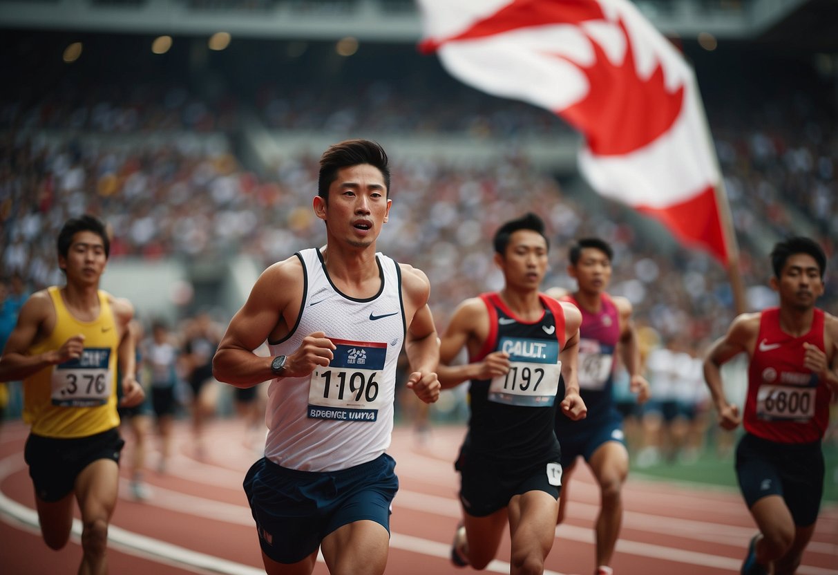 Runners sprinting on a track in a stadium, with the Singapore flag waving in the background