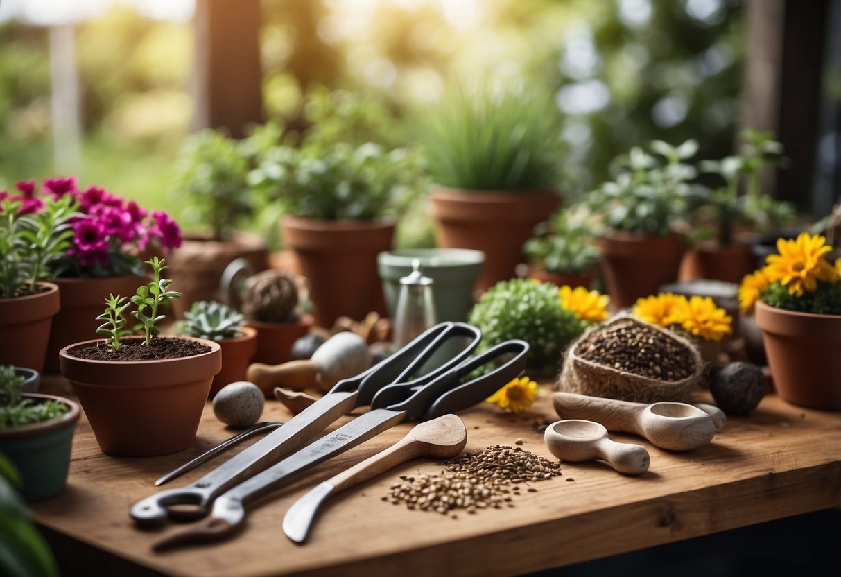 Various gardening tools and materials are scattered on a workbench. Pots, seeds, and colorful decorations are arranged for crafting and customization