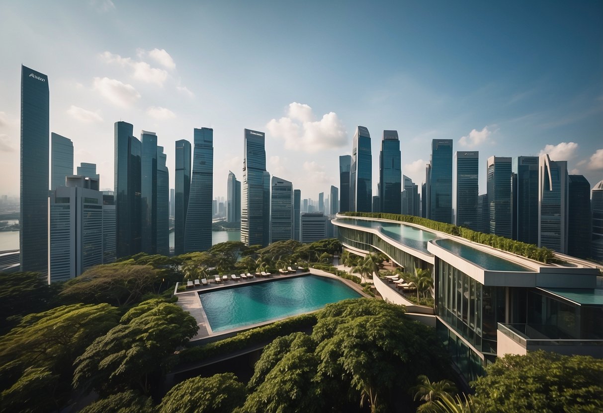 The Singapore Edition hotel features modern architecture with lush greenery and a stunning infinity pool overlooking the city skyline