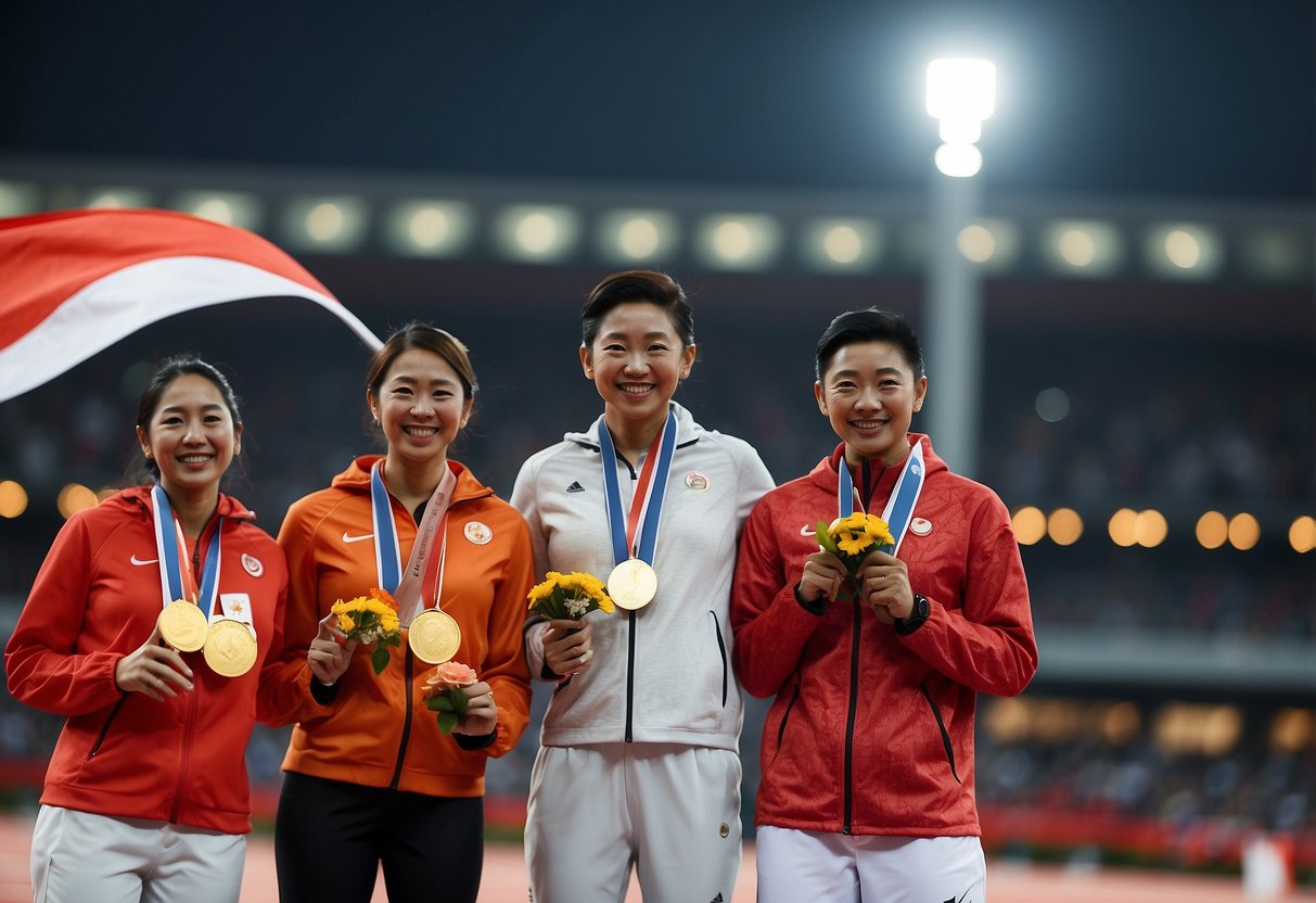 A podium with three athletes holding gold, silver, and bronze medals, surrounded by cheering spectators and a Singapore flag