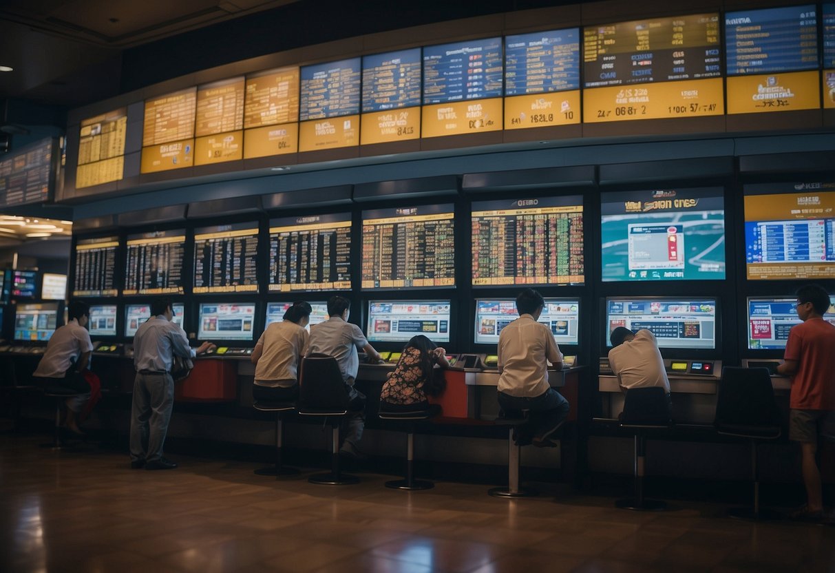 People placing bets at Singapore Pools, surrounded by screens displaying odds and statistics. Ticket machines and staff at counters