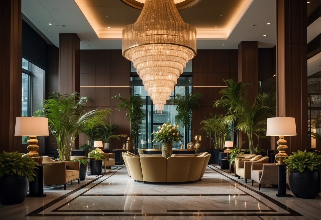 The luxurious hotel lobby features modern furnishings, a grand chandelier, and a concierge desk. The walls are adorned with local artwork, and a lush indoor garden provides a tranquil atmosphere