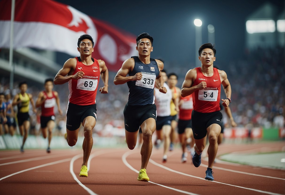 A group of Singaporean athletes sprinting on a track, with the national flag waving in the background and a cheering crowd in the stands