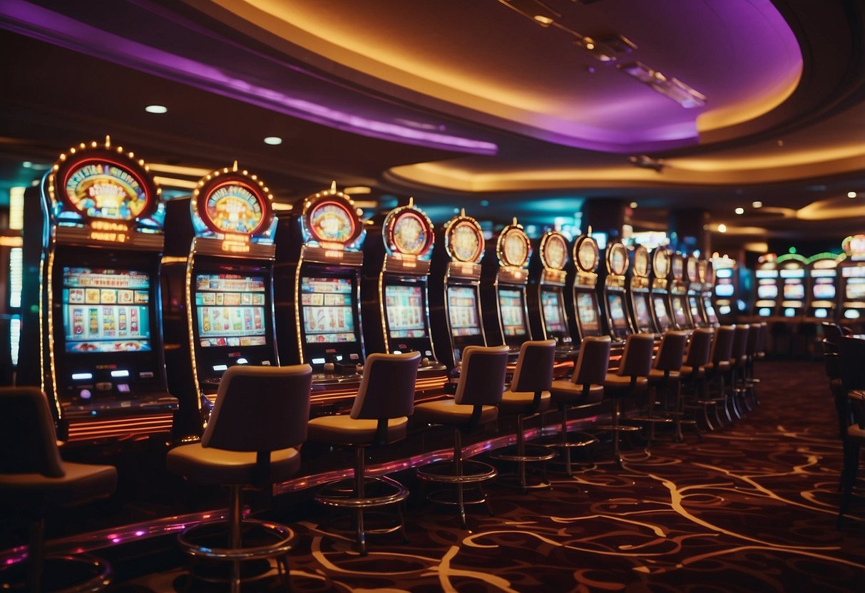 Bright casino interior with slot machines, card tables, and a roulette wheel. Colorful lights and energetic atmosphere