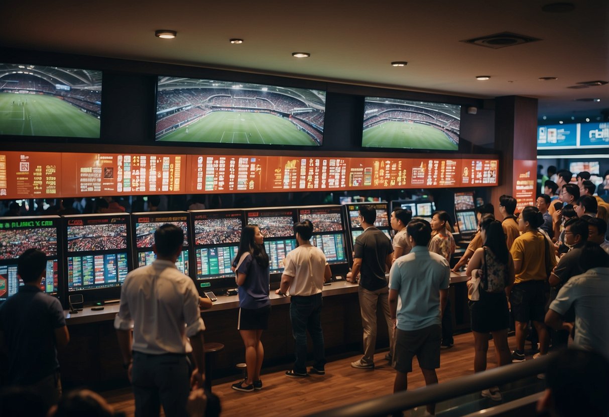 A crowd of people eagerly placing bets on various sports events at a Singapore Pool sports betting outlet