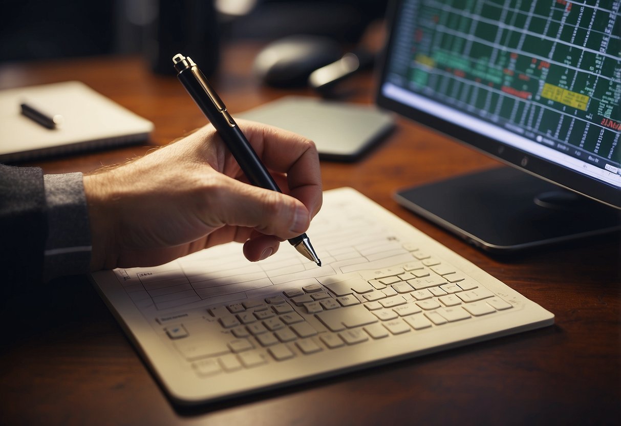 A hand reaching for a pen to record bets on a notepad, with a computer screen showing account management and sports betting options in the background