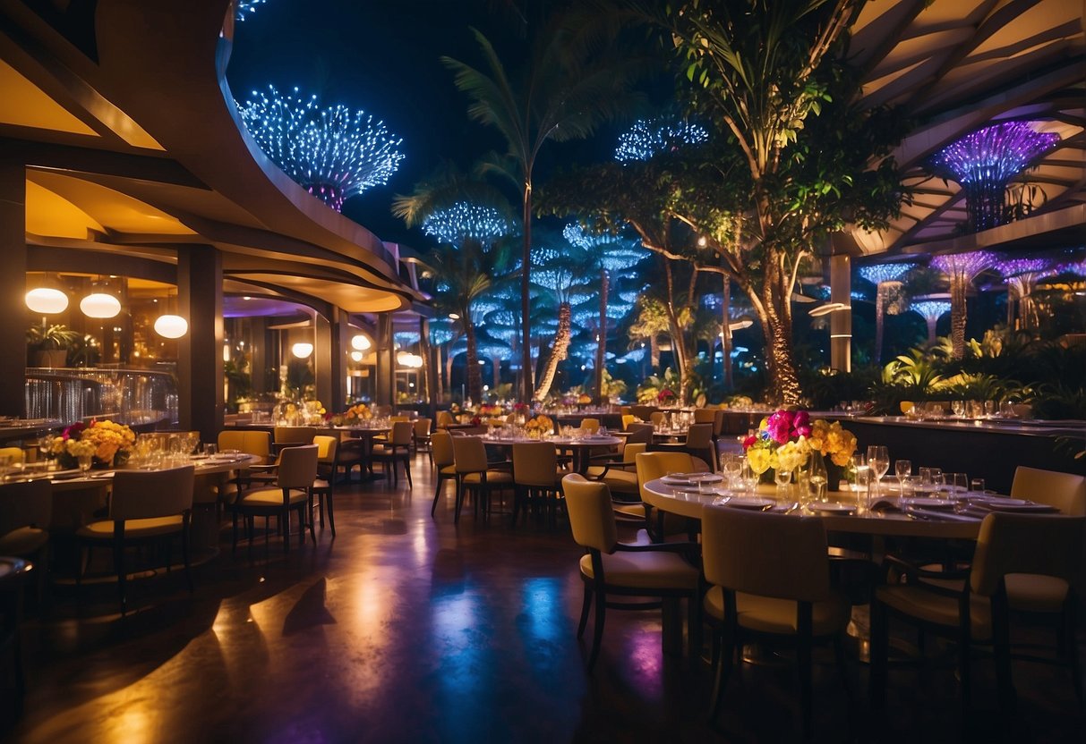 A vibrant dining and entertainment scene at a Singapore hotel, with colorful lights, bustling activity, and stylish decor