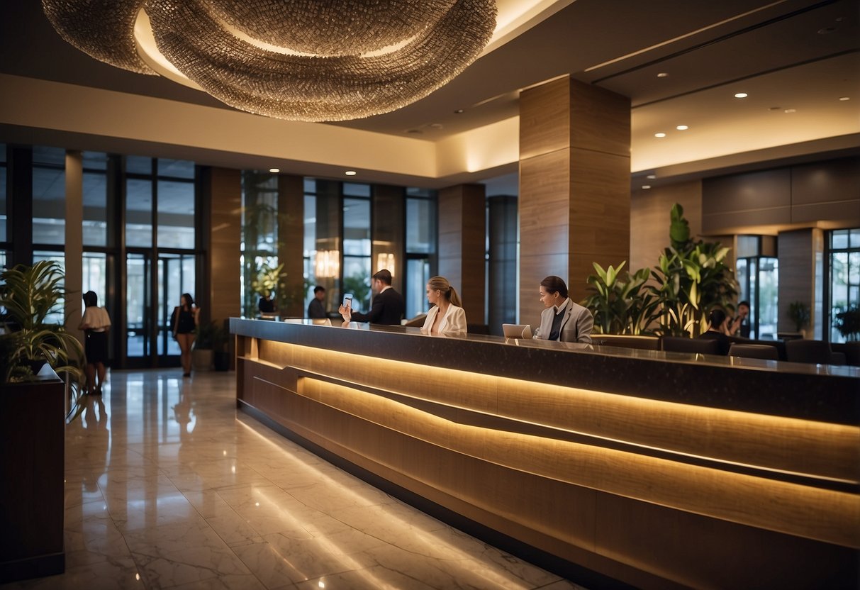 The hotel lobby is filled with guests asking questions at the front desk. The receptionist is busy answering inquiries about the hotel's amenities and services