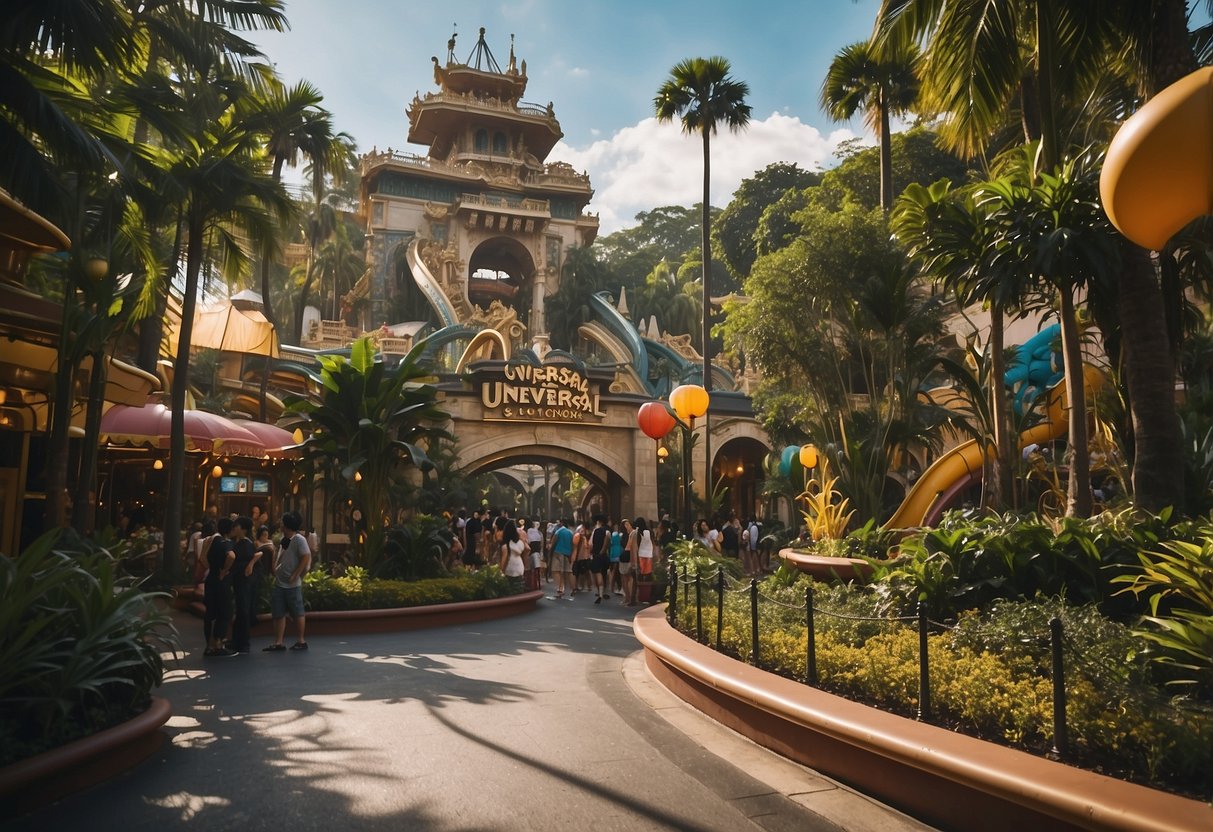 People wander through lush gardens, colorful buildings, and thrilling attractions at Universal Studios Singapore. Roller coasters and movie-themed rides create a vibrant and exciting atmosphere