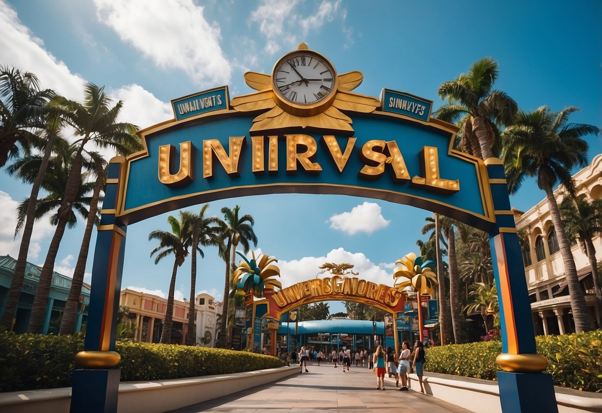 A colorful sign welcomes visitors to Universal Studios Singapore, surrounded by palm trees and a clear blue sky