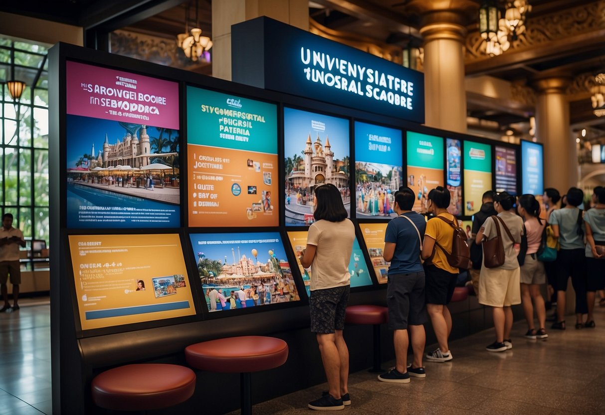 Guests line up at the information desk, surrounded by colorful signs and a map of Universal Studios Singapore. The staff answers questions and provides assistance