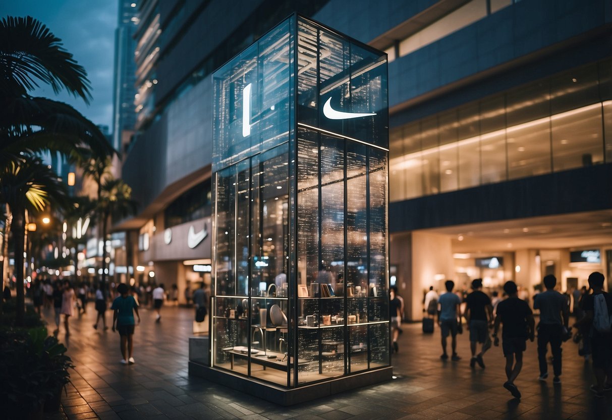 A bustling cityscape with the iconic Nike store standing tall amidst the vibrant streets of Singapore. The modern architecture and energetic atmosphere capture the essence of the brand's presence in the city
