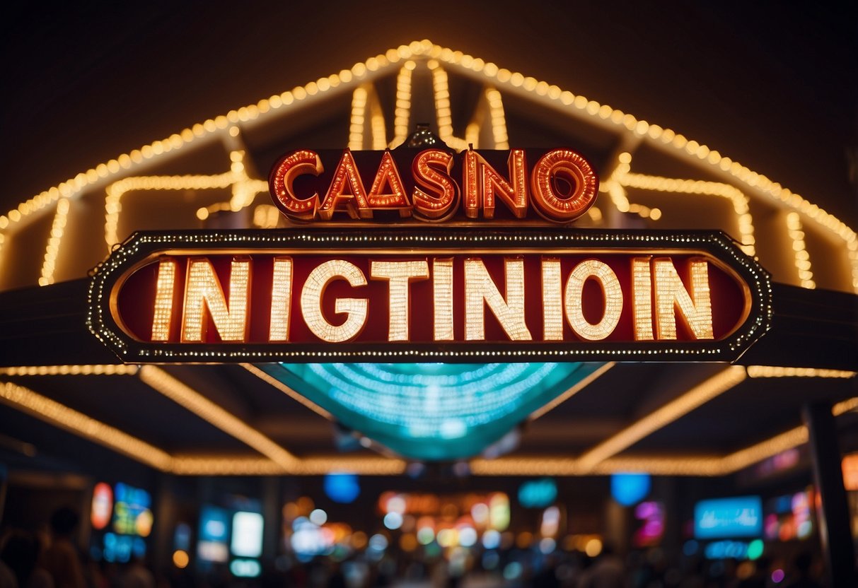 An illuminated casino sign with the words "Ignition Casino" in bold letters, surrounded by flashing lights and a vibrant, energetic atmosphere