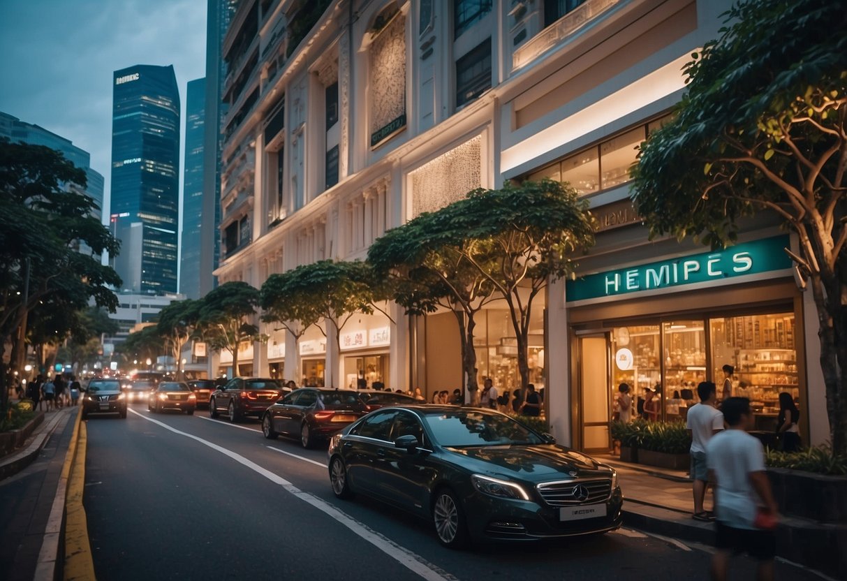 A bustling street in Singapore with iconic Hermes storefront and vibrant cityscape in the background