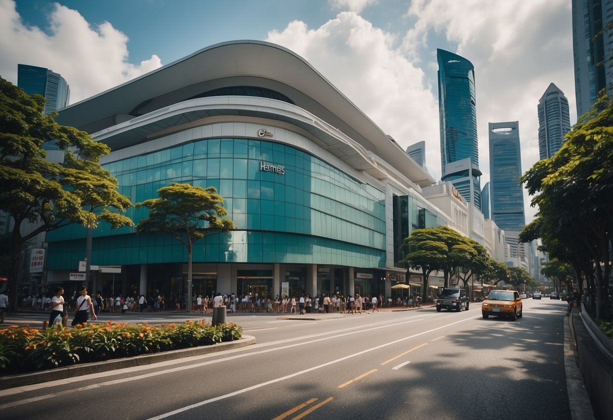 A bustling cityscape with iconic Hermes storefront, surrounded by modern architecture and vibrant street life in Singapore