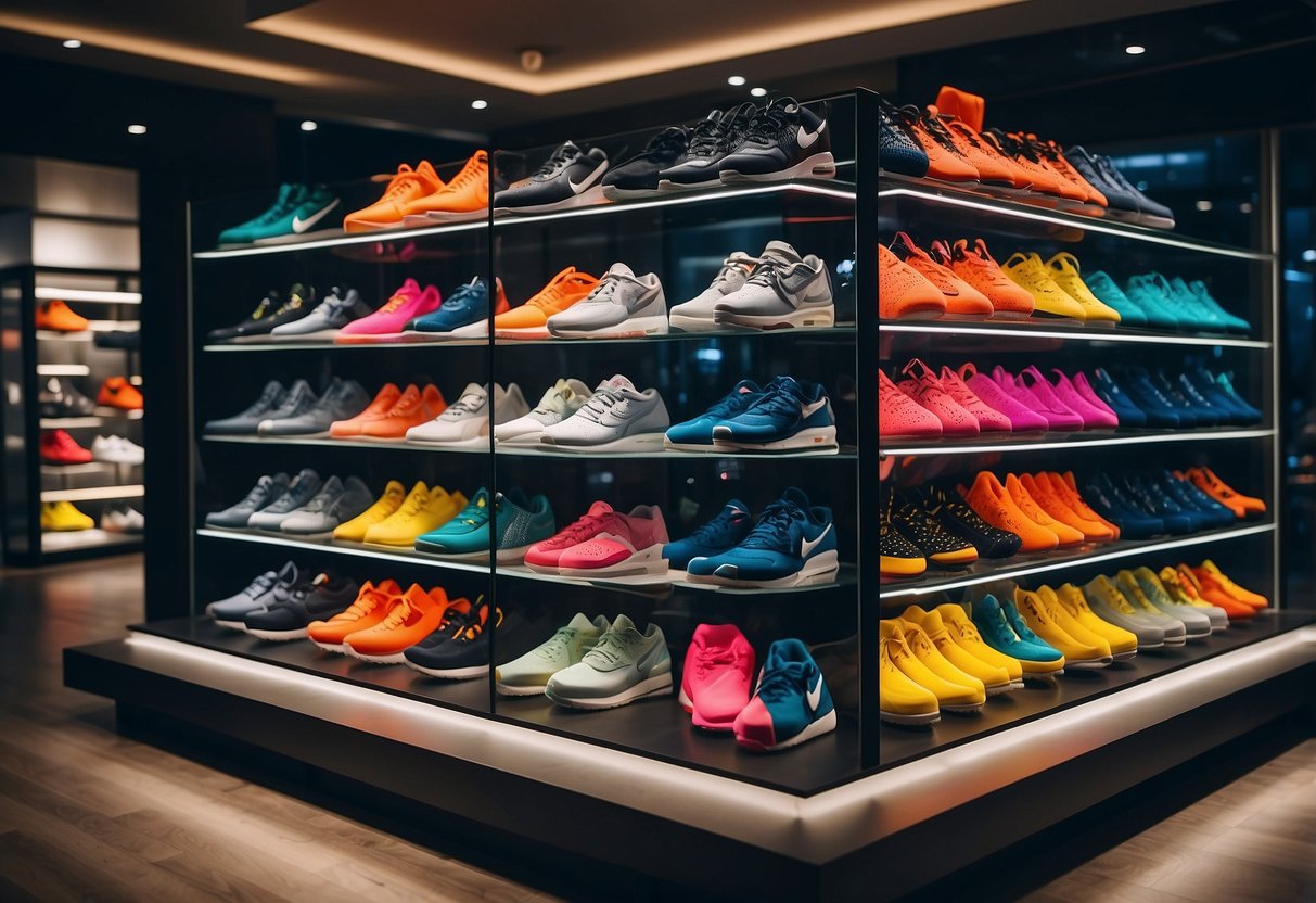A colorful array of Nike shoes and apparel displayed in a sleek and modern store in Singapore. Bright lights and clean lines highlight the innovative and stylish products
