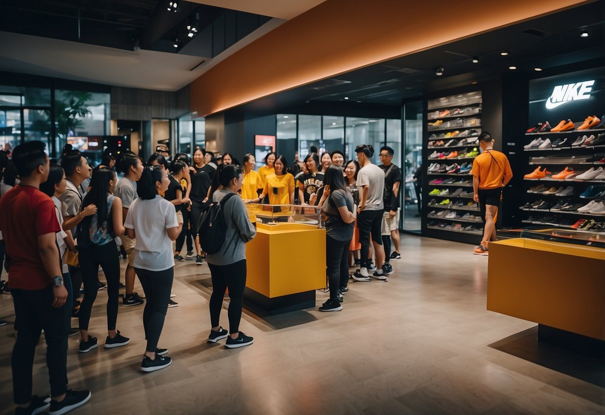 A group of diverse individuals gather around a Nike Singapore store, engaged in various community activities and events. The atmosphere is vibrant and inclusive, showcasing the brand's commitment to connecting with its local community