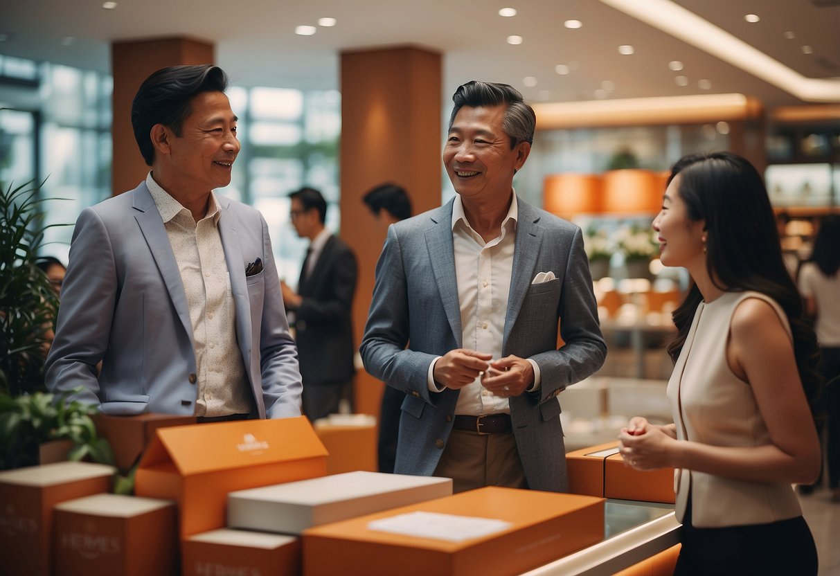 A customer walks into Hermes Singapore, greeted by attentive staff and luxurious displays