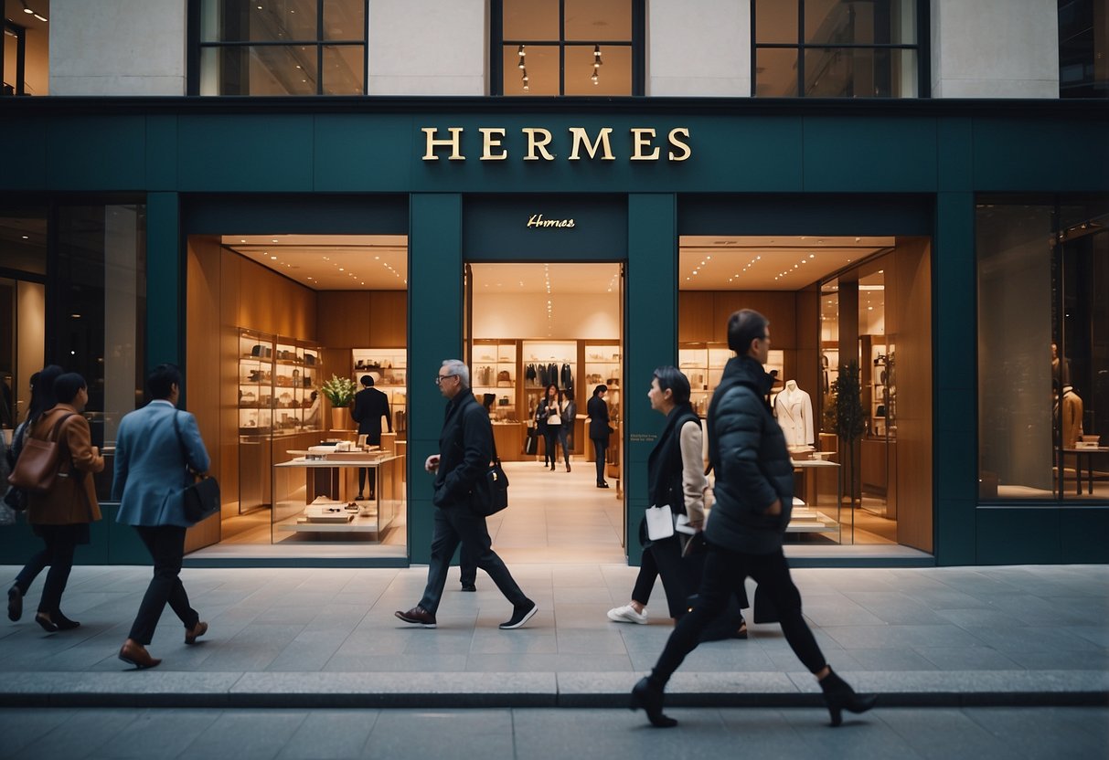A bustling Hermes store with customers browsing, a display of luxury goods, and a helpful staff member answering questions
