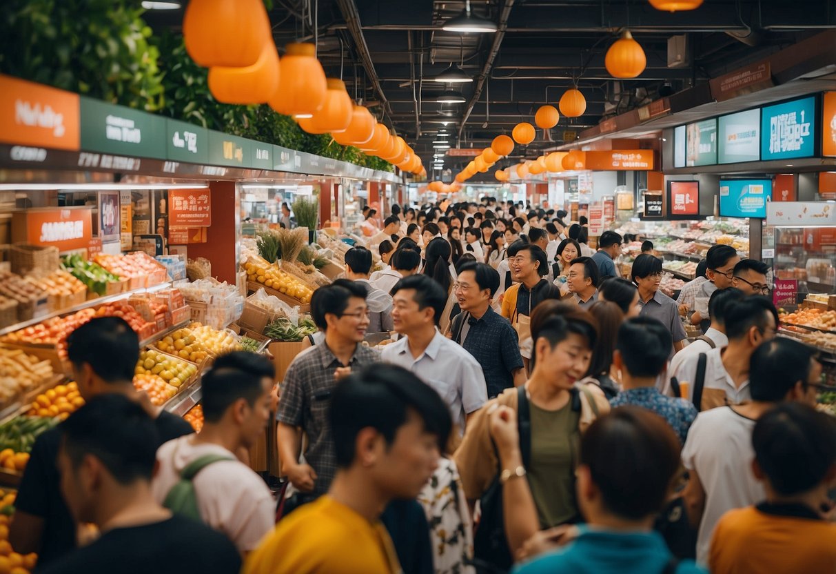 A bustling marketplace with colorful storefronts and busy shoppers at Shopee Singapore. Bright lights and vibrant displays create a lively atmosphere