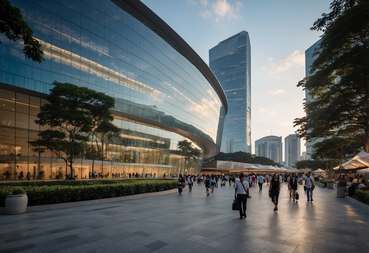 The Suntec Singapore Convention & Exhibition Centre bustles with attendees and vendors, with its iconic glass facade reflecting the surrounding cityscape