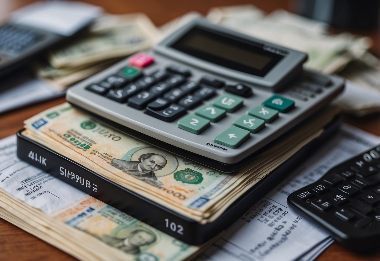 A stack of Singaporean currency surrounded by tax forms and calculators