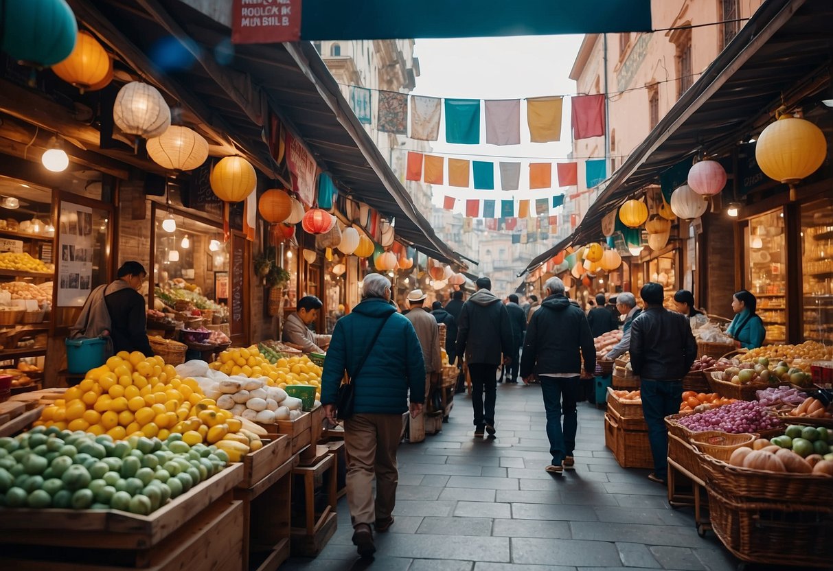 A bustling marketplace with colorful banners and a variety of products on display, surrounded by a mix of modern and traditional architecture