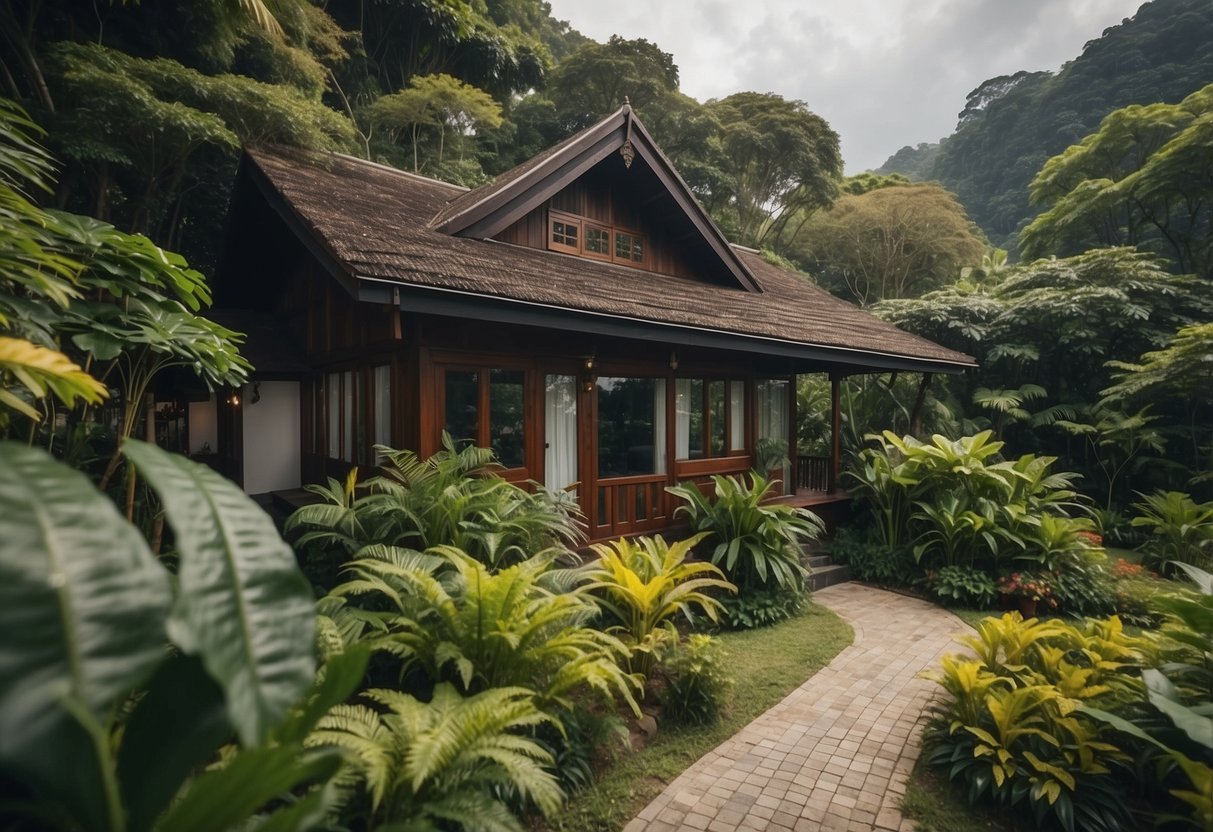 A cozy chalet in Singapore nestled among lush greenery, with a charming exterior and a serene atmosphere