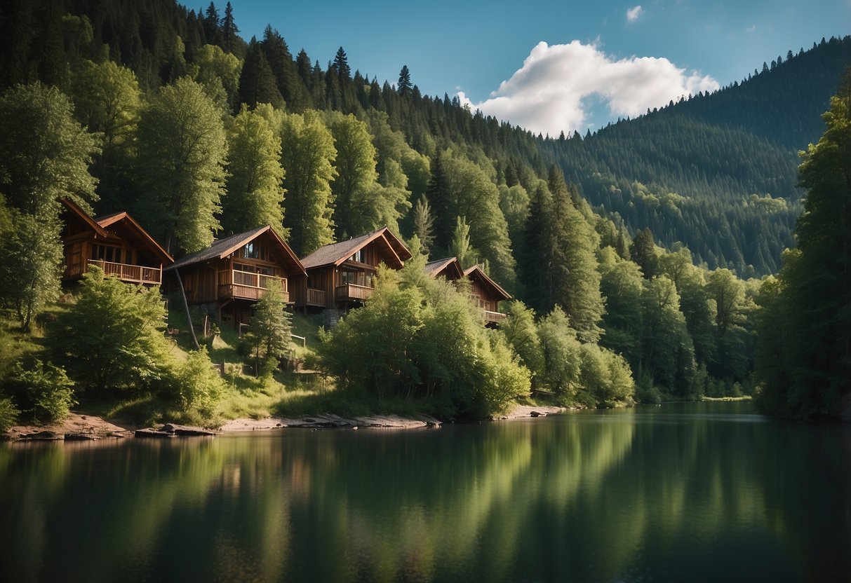 A lush green forest with cozy chalets nestled among the trees, surrounded by a tranquil river and clear blue skies