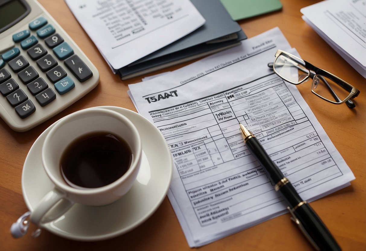 A person sitting at a desk with a calculator, pen, and paper, surrounded by tax forms and documents