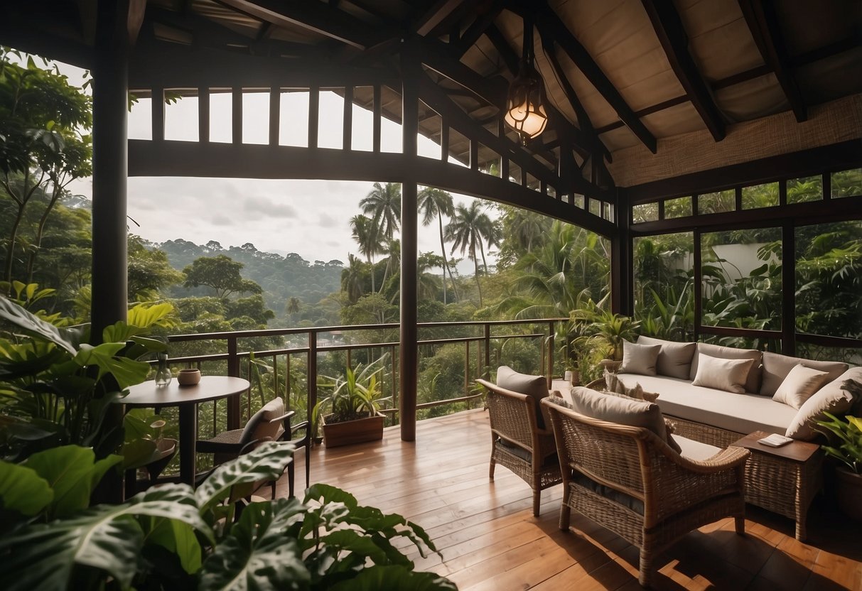 A cozy chalet nestled in the lush greenery of Singapore, with a beautiful outdoor patio and a warm, inviting interior