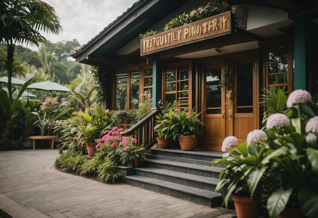 A cozy chalet in Singapore, surrounded by lush greenery and colorful flowers, with a sign reading "Frequently Asked Questions" prominently displayed